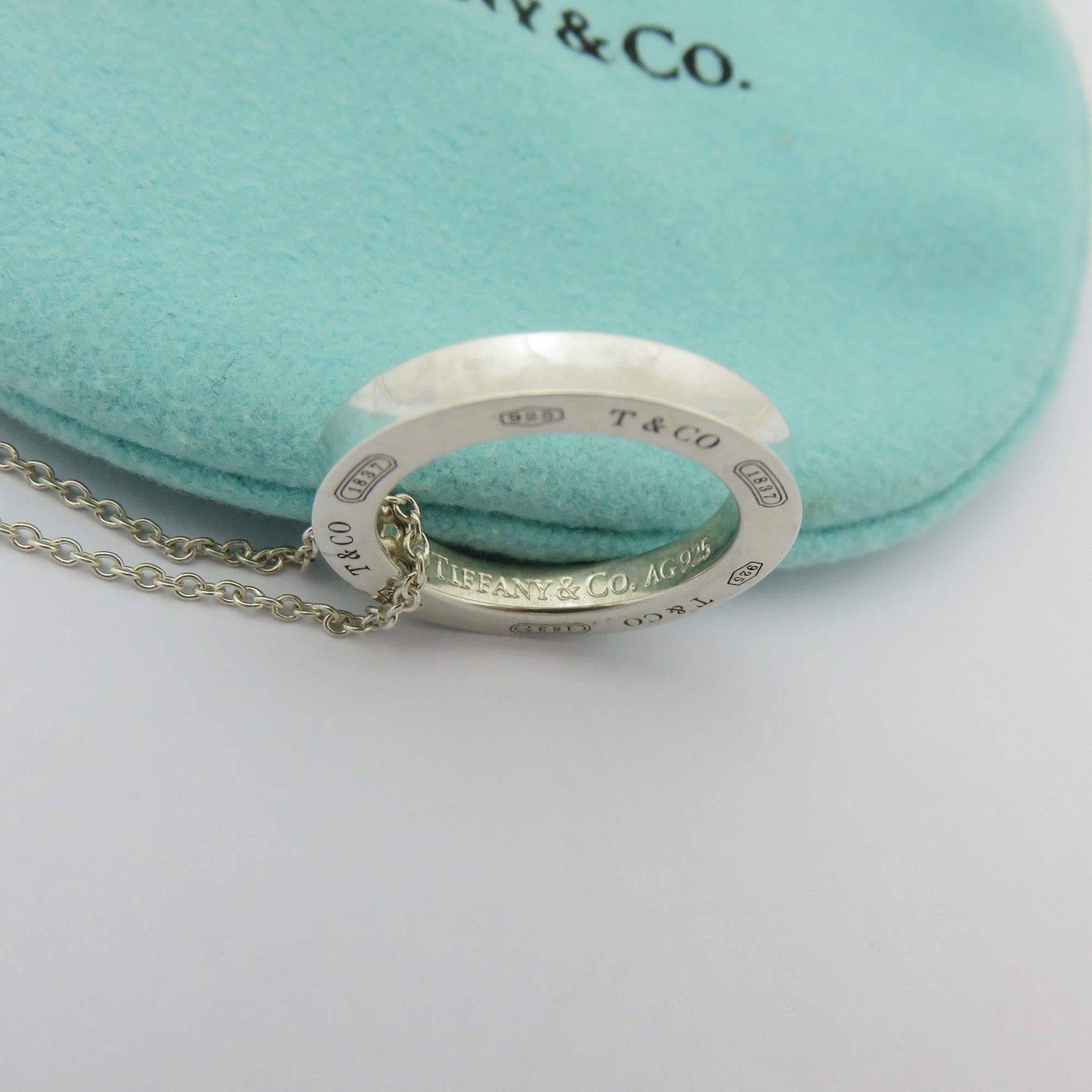 TIFFANY & CO 925 Sterling Silver 1837 Circle Pendant Necklace with Pouch