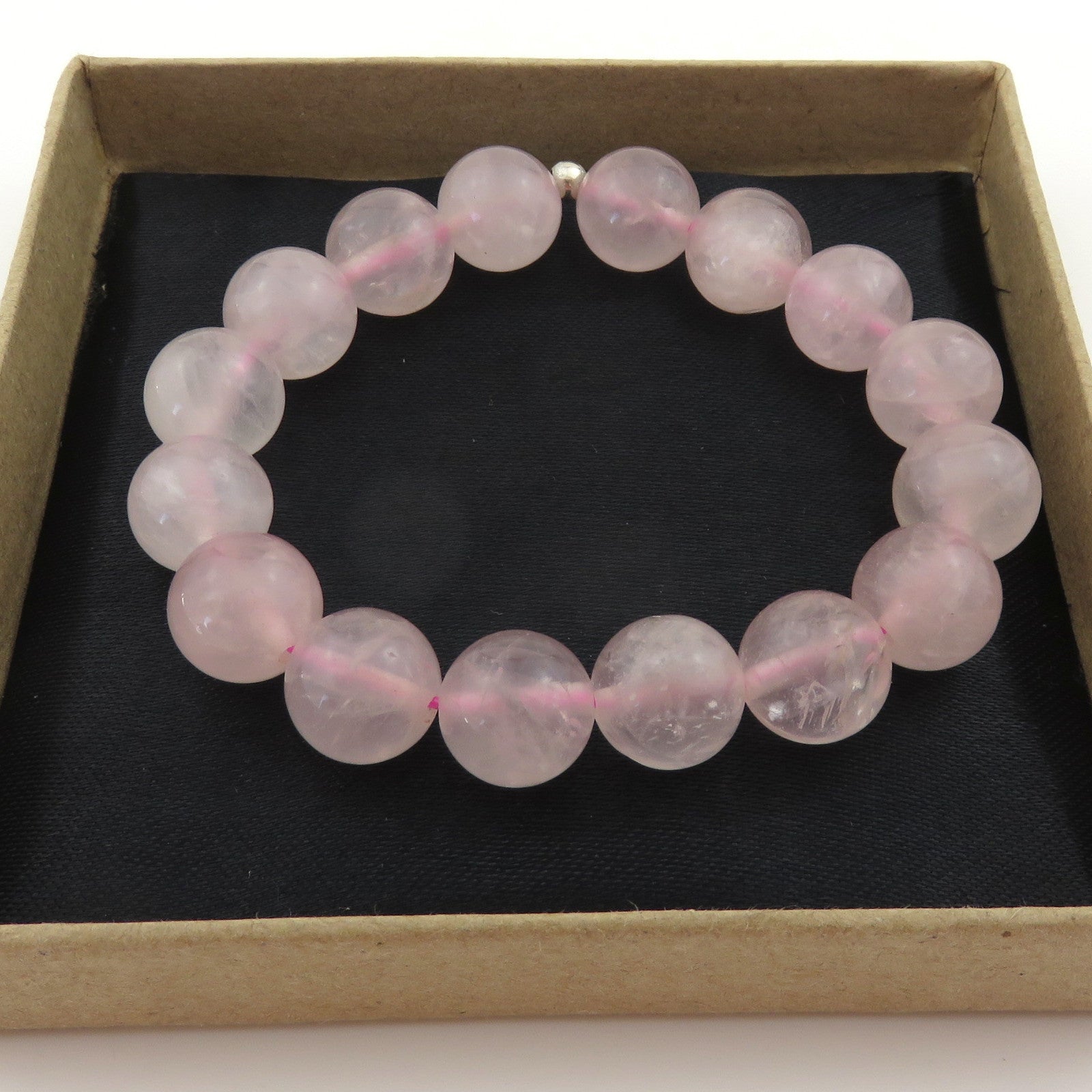 Genuine Rose Quartz Bracelet 12mm Round Beads Silver Accent Elastic Handmade Box