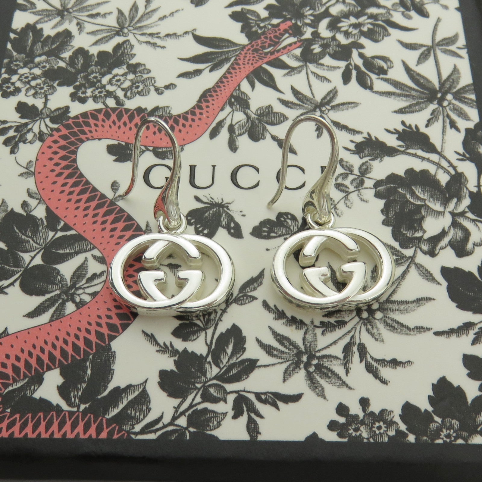Gucci 925 Sterling Silver Interlocking G Logo Dangle Earrings with Box