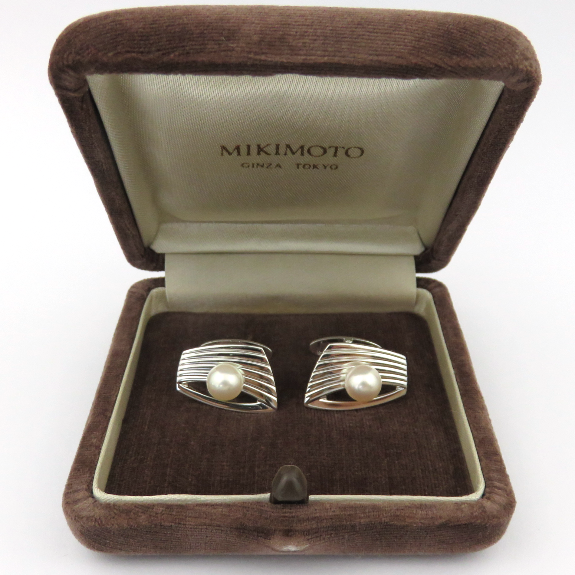 MIKIMOTO 925 Sterling Silver 7.3mm Akoya Pearl Geometric Cufflinks Japan w/ Box
