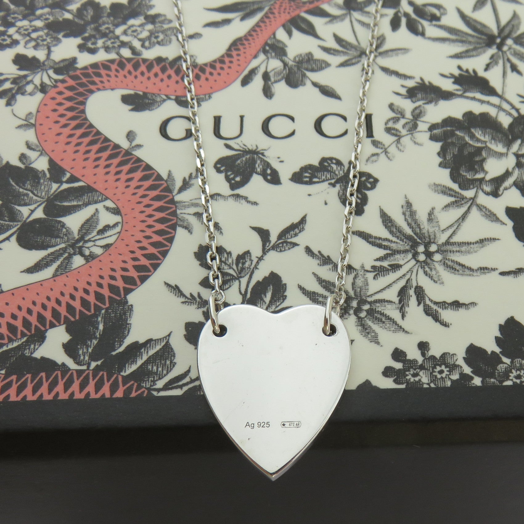 Gucci 925 Sterling Silver Trademark Heart Pendant Necklace with Box
