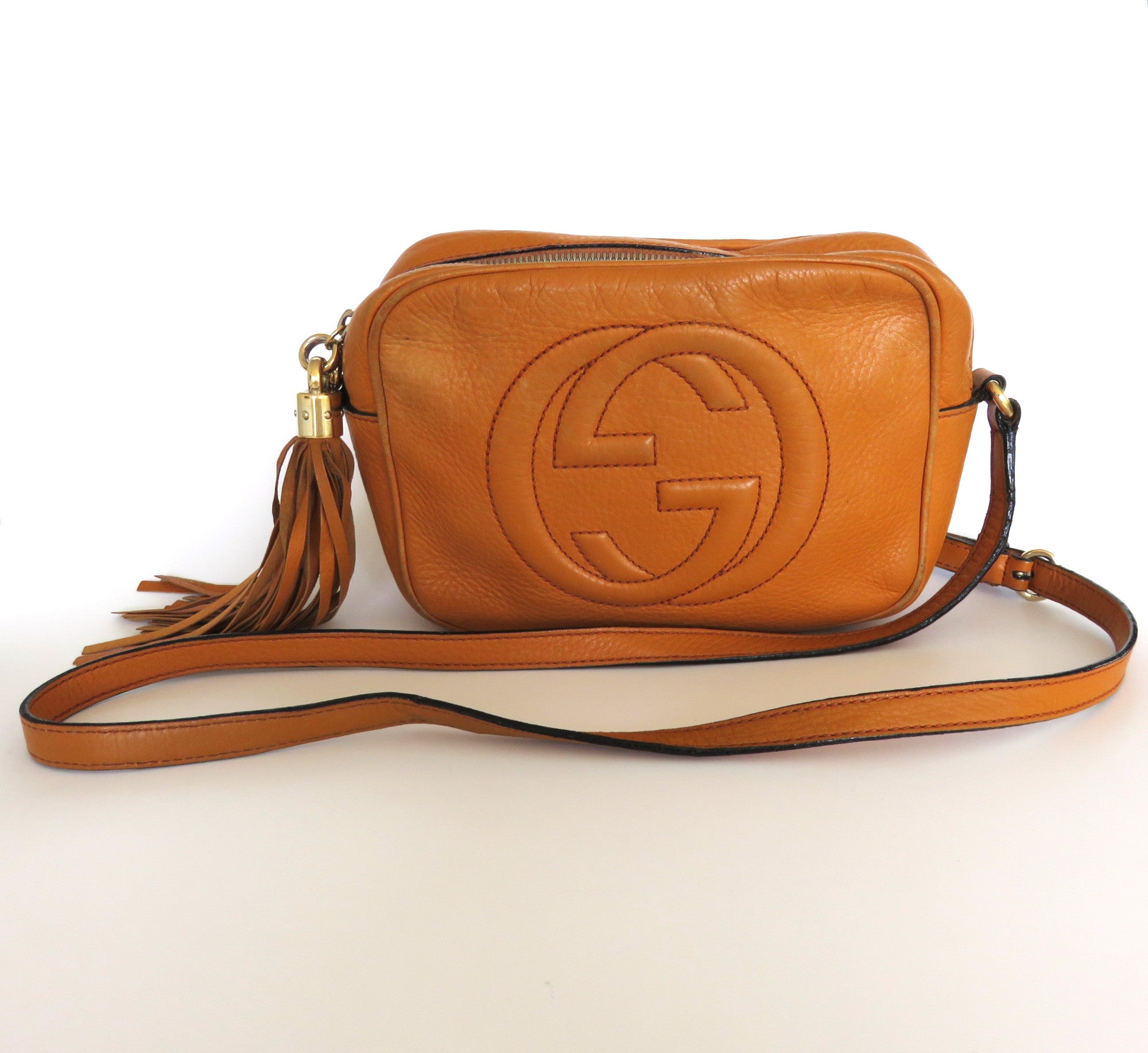 Gucci Soho Disco Crossbody Bag Tan Cognac Leather Tassel Camera Bag