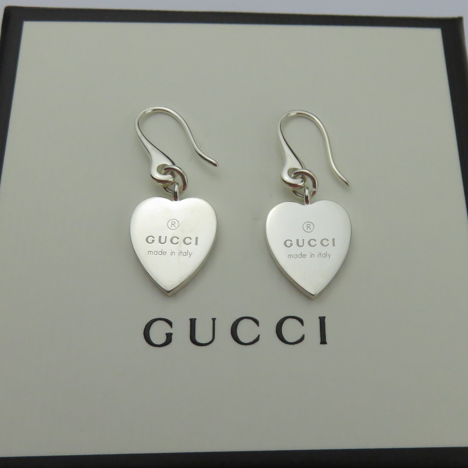 Gucci 925 Sterling Silver Trademark Heart Dangle Earrings with Box Pouch