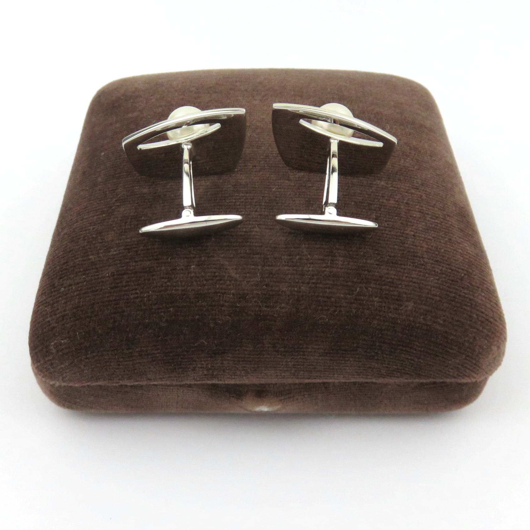 MIKIMOTO 925 Sterling Silver 7.3mm Akoya Pearl Geometric Cufflinks Japan w/ Box