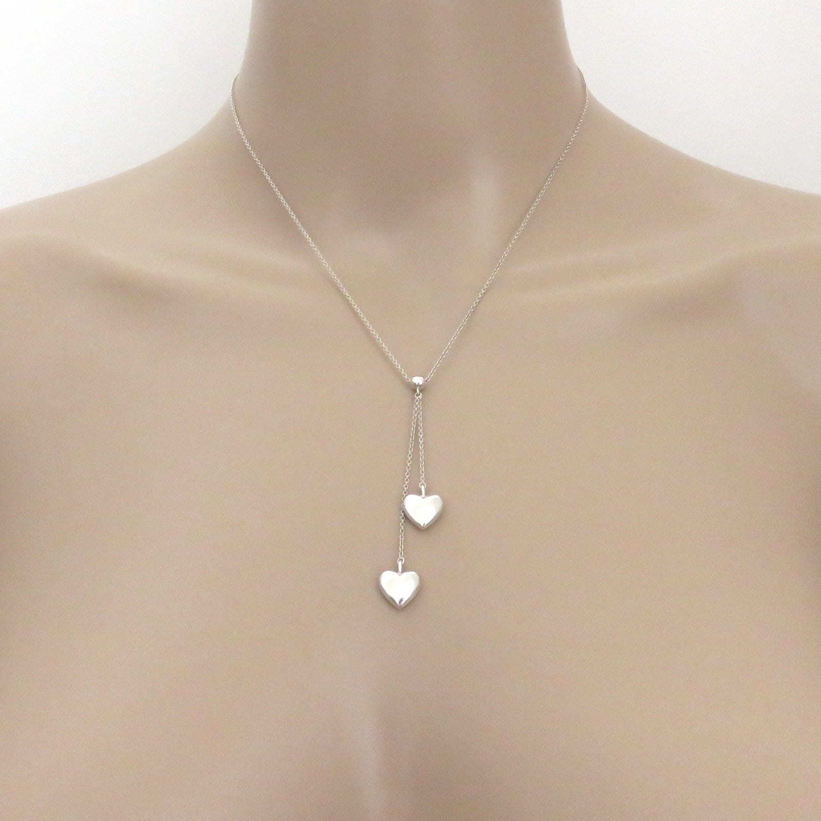 TIFFANY & CO 925 Sterling Silver Double Heart Dangle Necklace with Po0uch