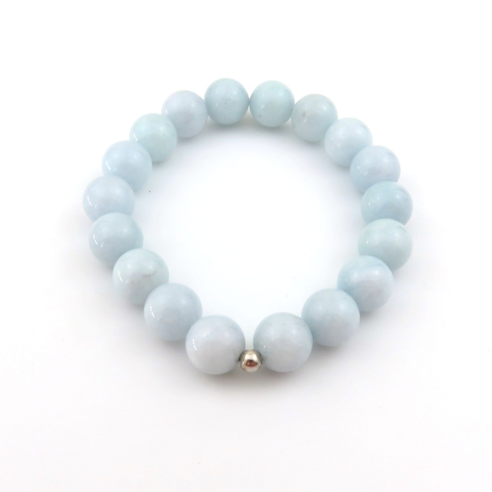 Genuine Aquamarine Handmade Bracelet 10mm Beads Silver Accent Elastic Box