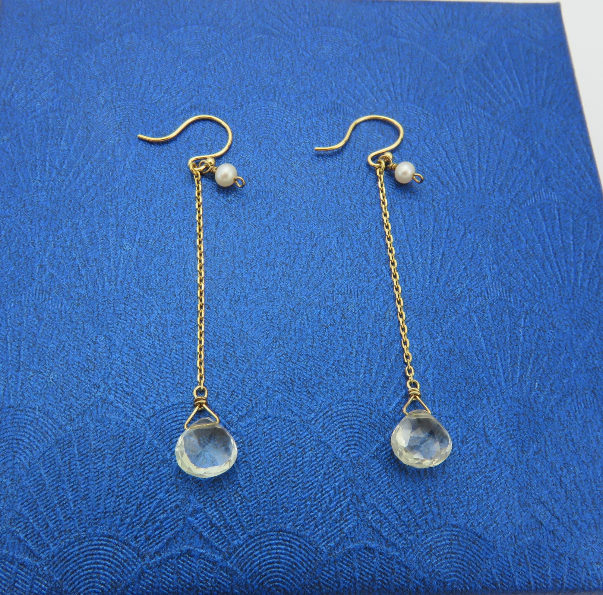 ete Japan K18 Yellow Gold Hook Pearl Clear Quartz Drop Dangle Chain Earrings