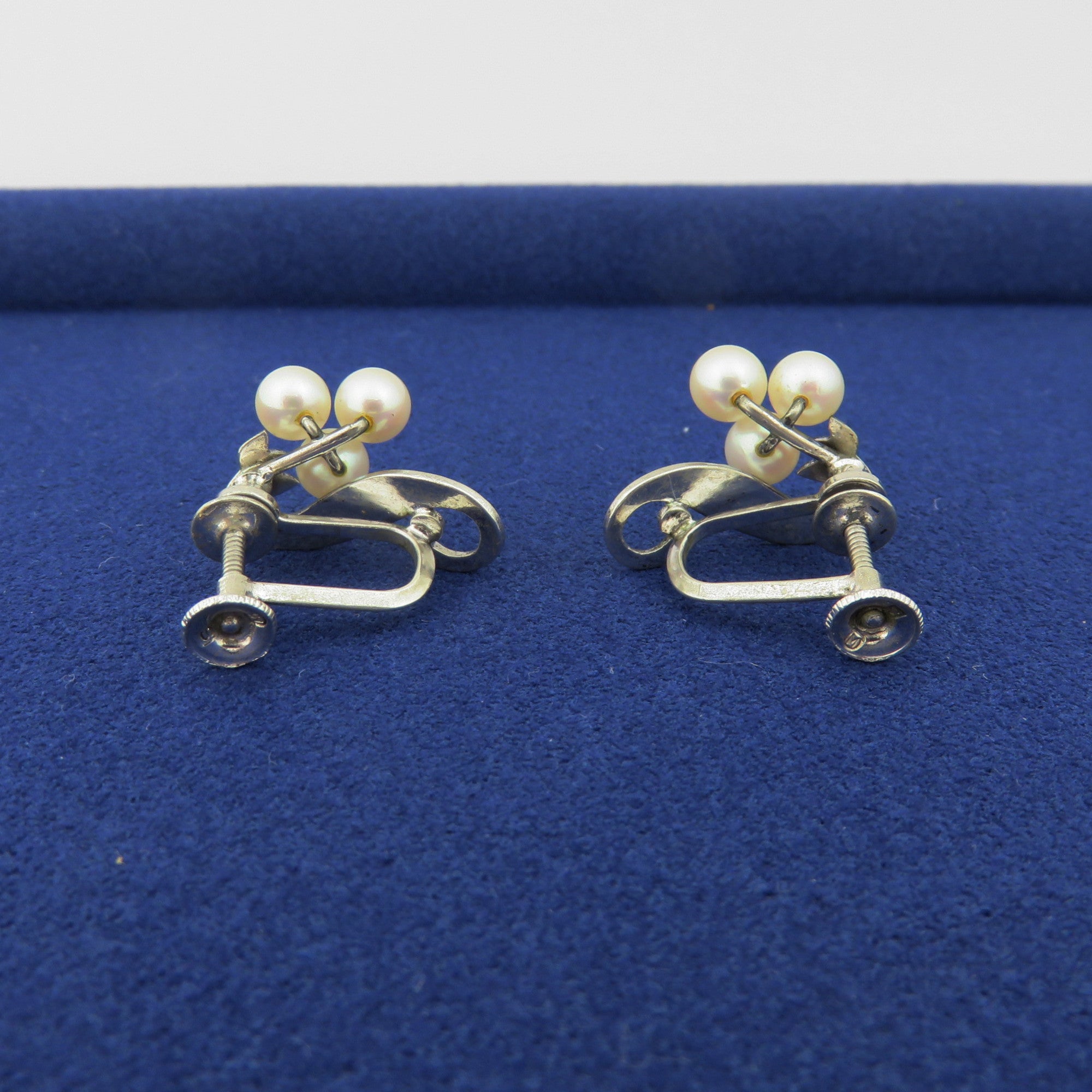 Mikimoto 925 Sterling Silver 3 Akoya Pearl Cluster Screw On Earrings
