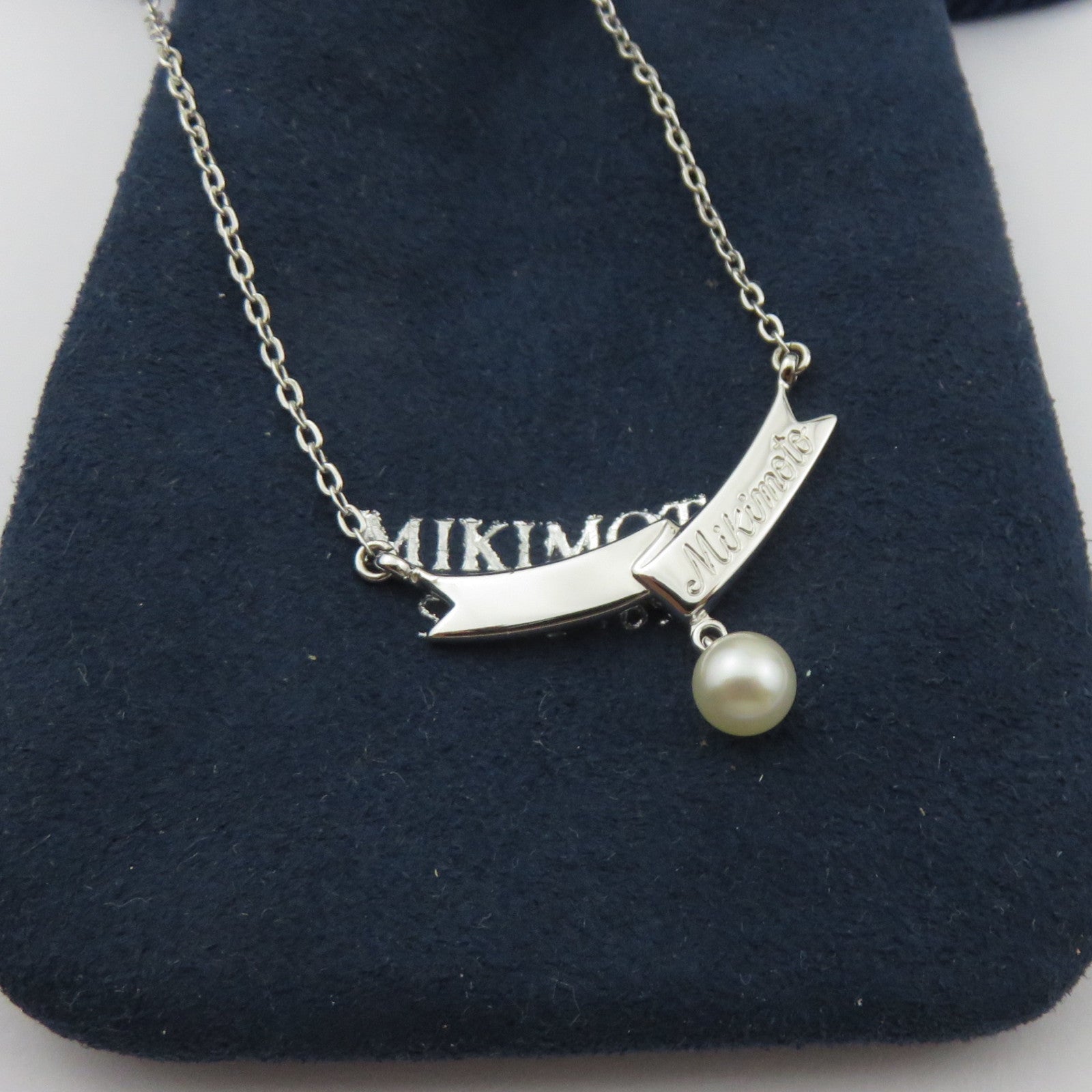 Mikimoto 925 Sterling Silver Ribbon Akoya Pearl Pendant Necklace with Pouch