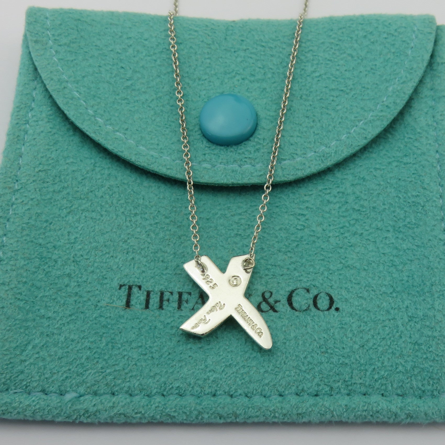 TIFFANY & CO 925 Sterling Silver Kiss X Pendant Necklace with Pouch
