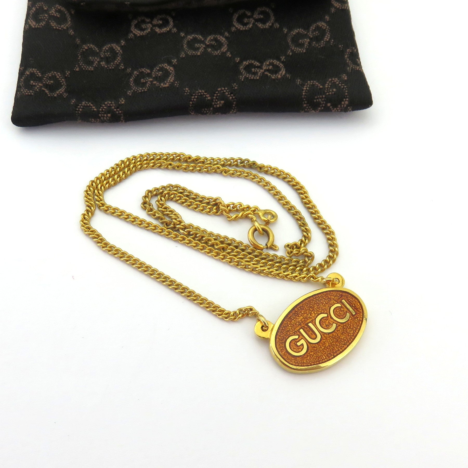 Gucci Vintage Gold Tone Metal Oval Tag Pendant Necklace