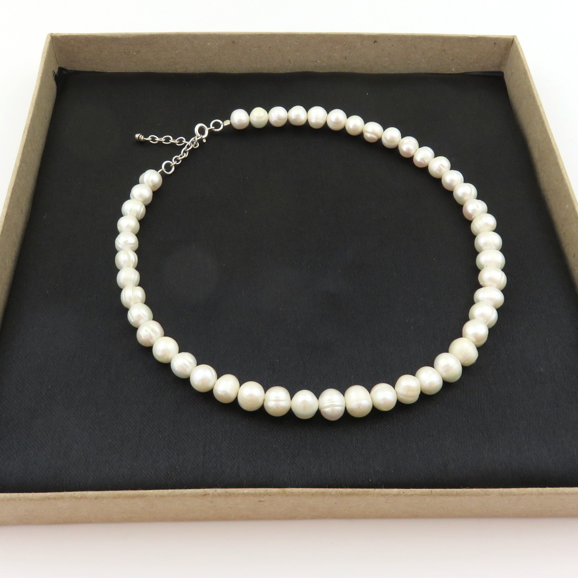 Genuine Pearl Choker Necklace 7.5-8.5mm 925 Silver Adjustable 37-40cm Handmade