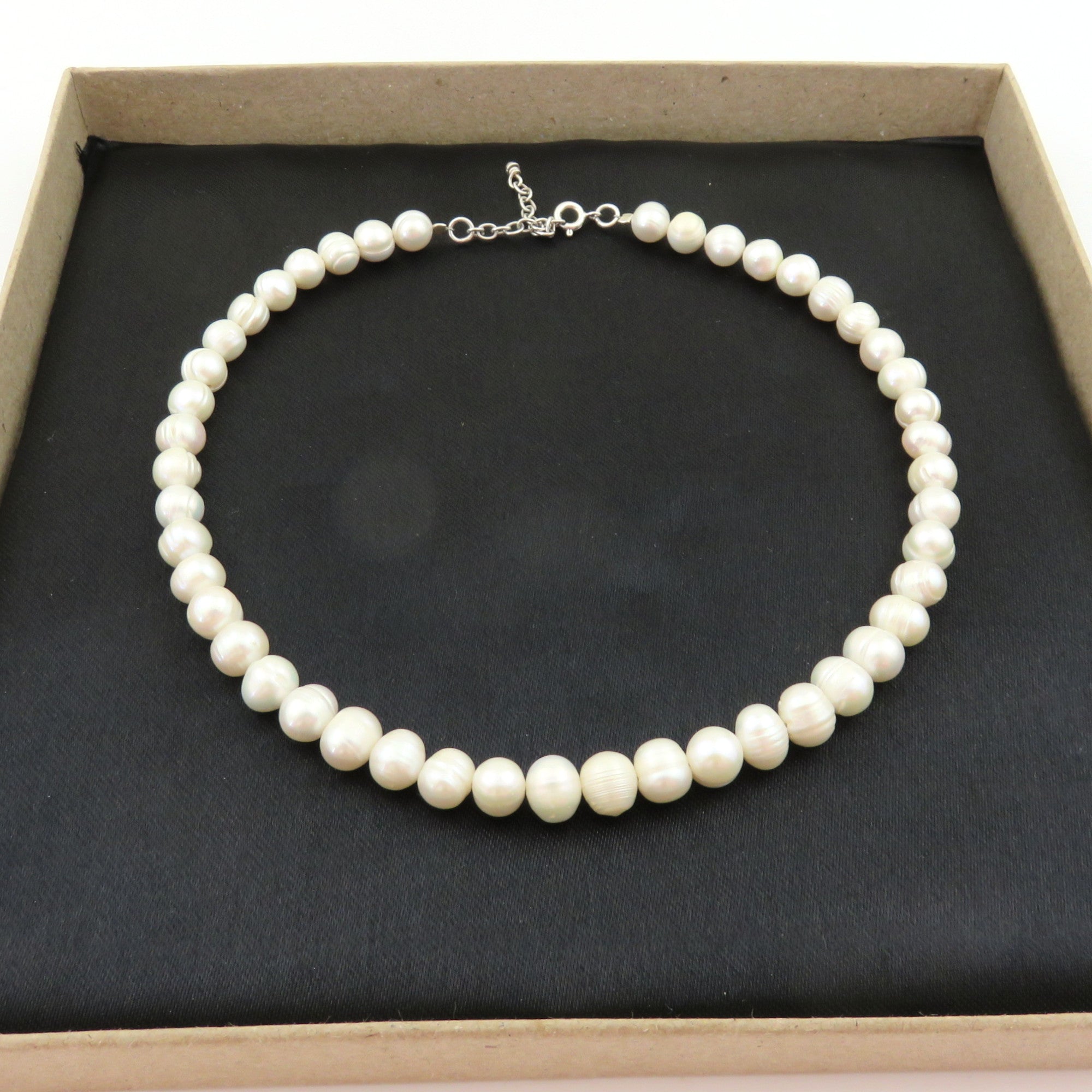 Genuine Pearl Choker Necklace 7.5-8.5mm 925 Silver Adjustable 37-40cm Handmade