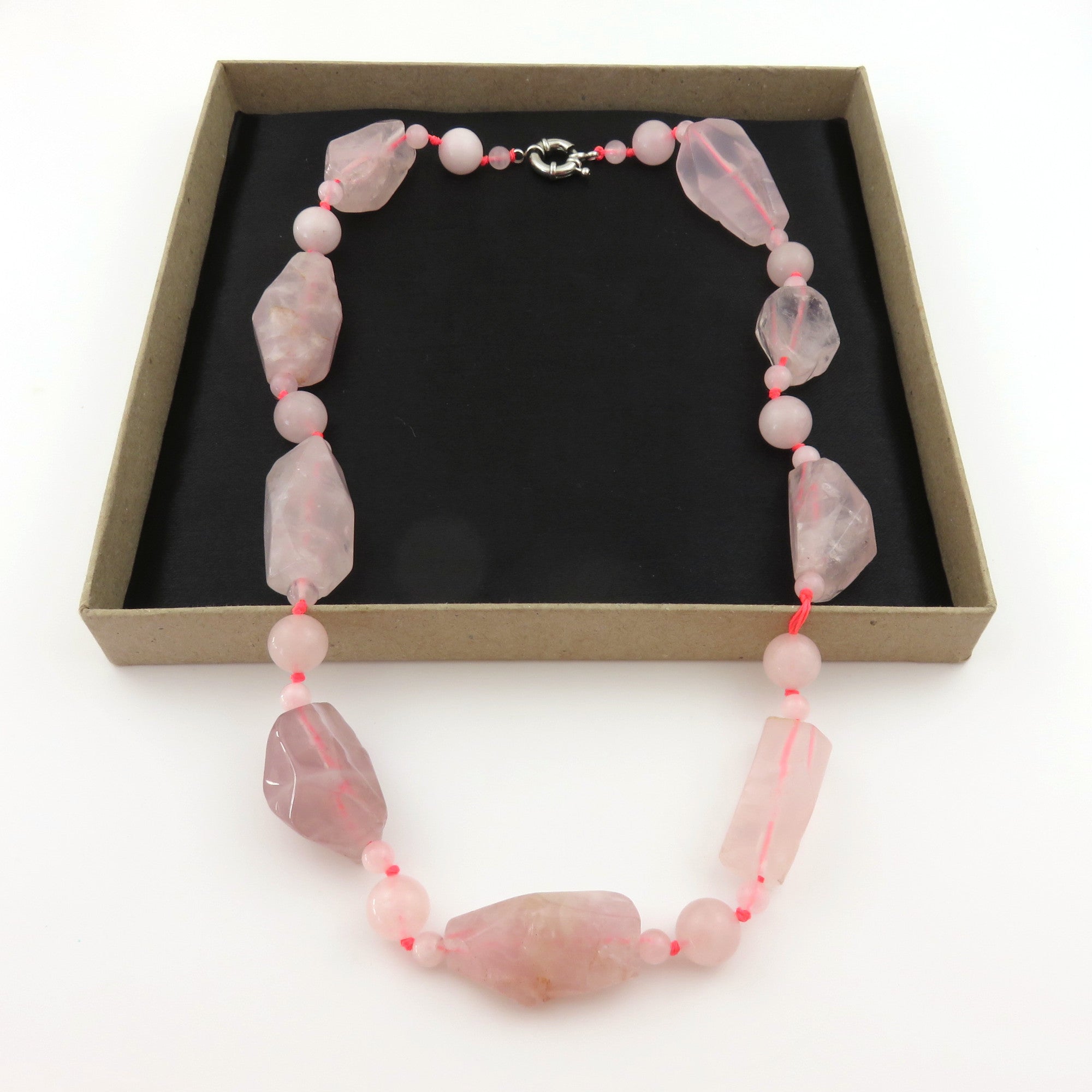 Natural Rose Quartz Necklace Bold Unique Statement Design Silver Clasp 44cm Box