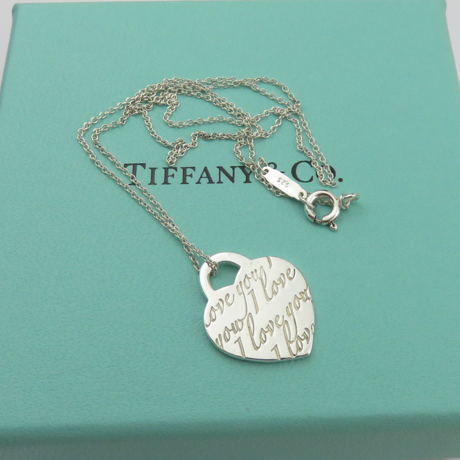TIFFANY & CO 925 Sterling Silver I Love You Heart Tag Pendant Necklace with Box
