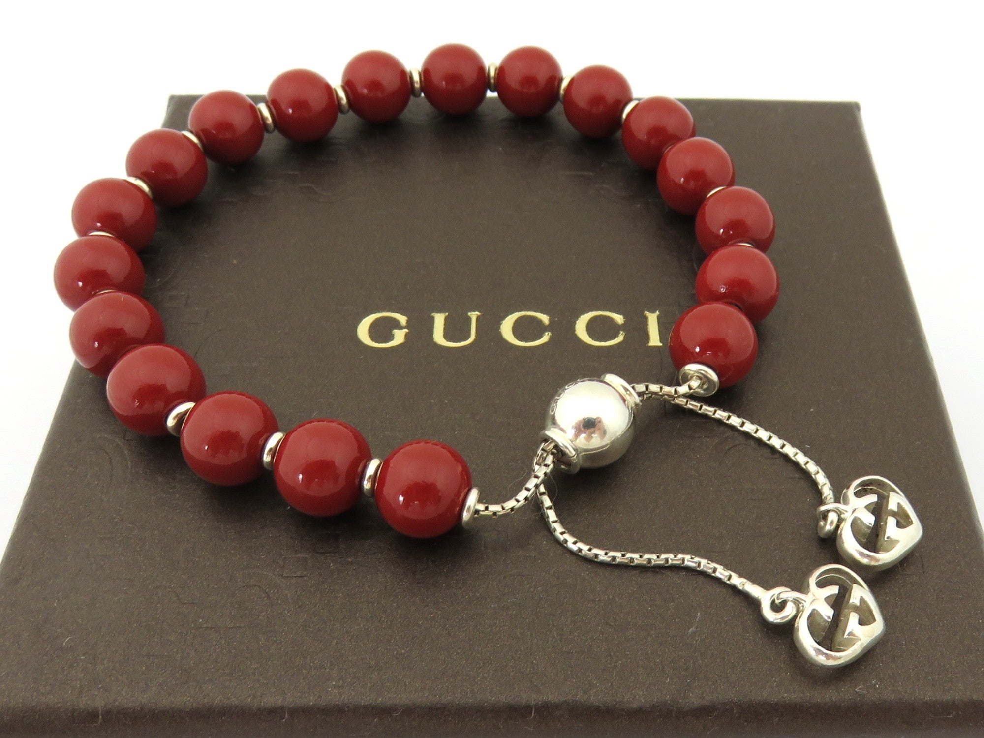 Gucci 925 Sterling Silver Red Beads Slider Bracelet with Box Made in Italy