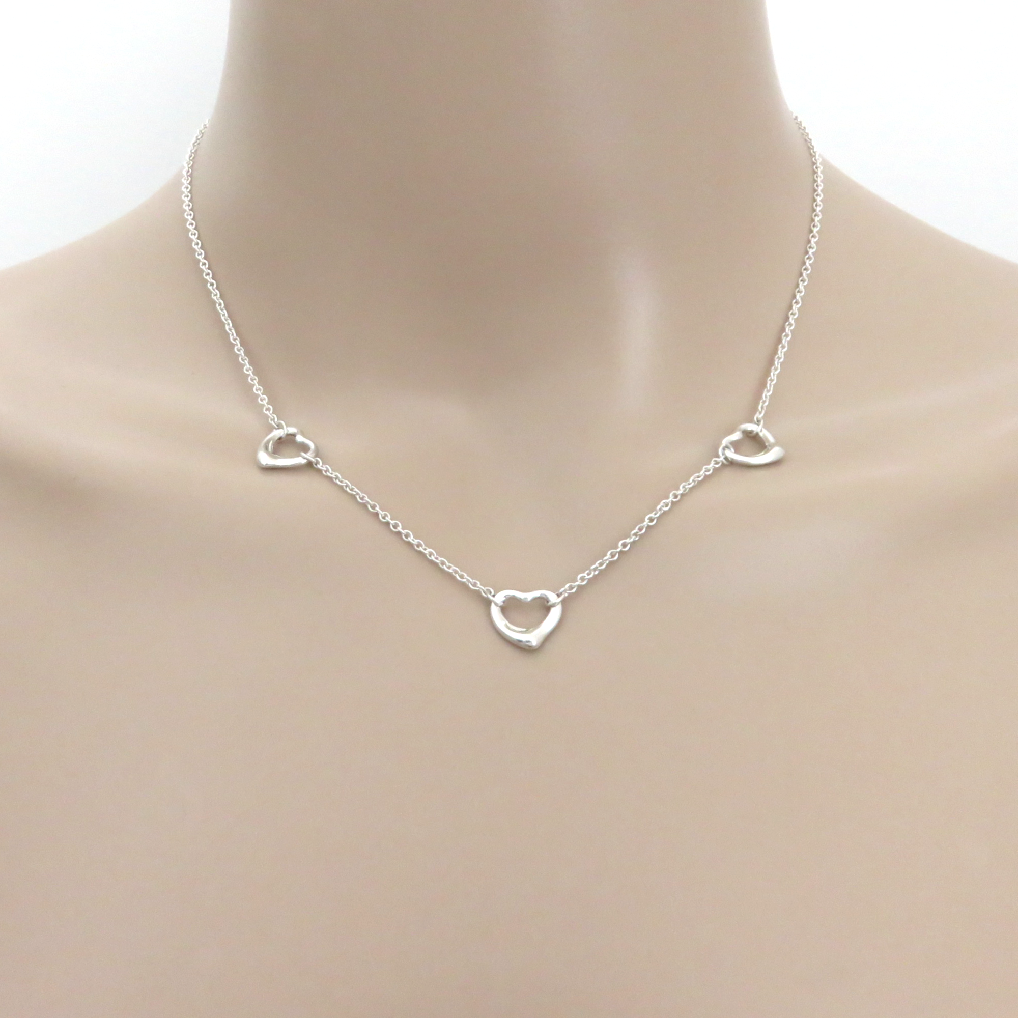 TIFFANY & CO 925 Sterling Silver Three 3 Open Heart Pendant Necklace