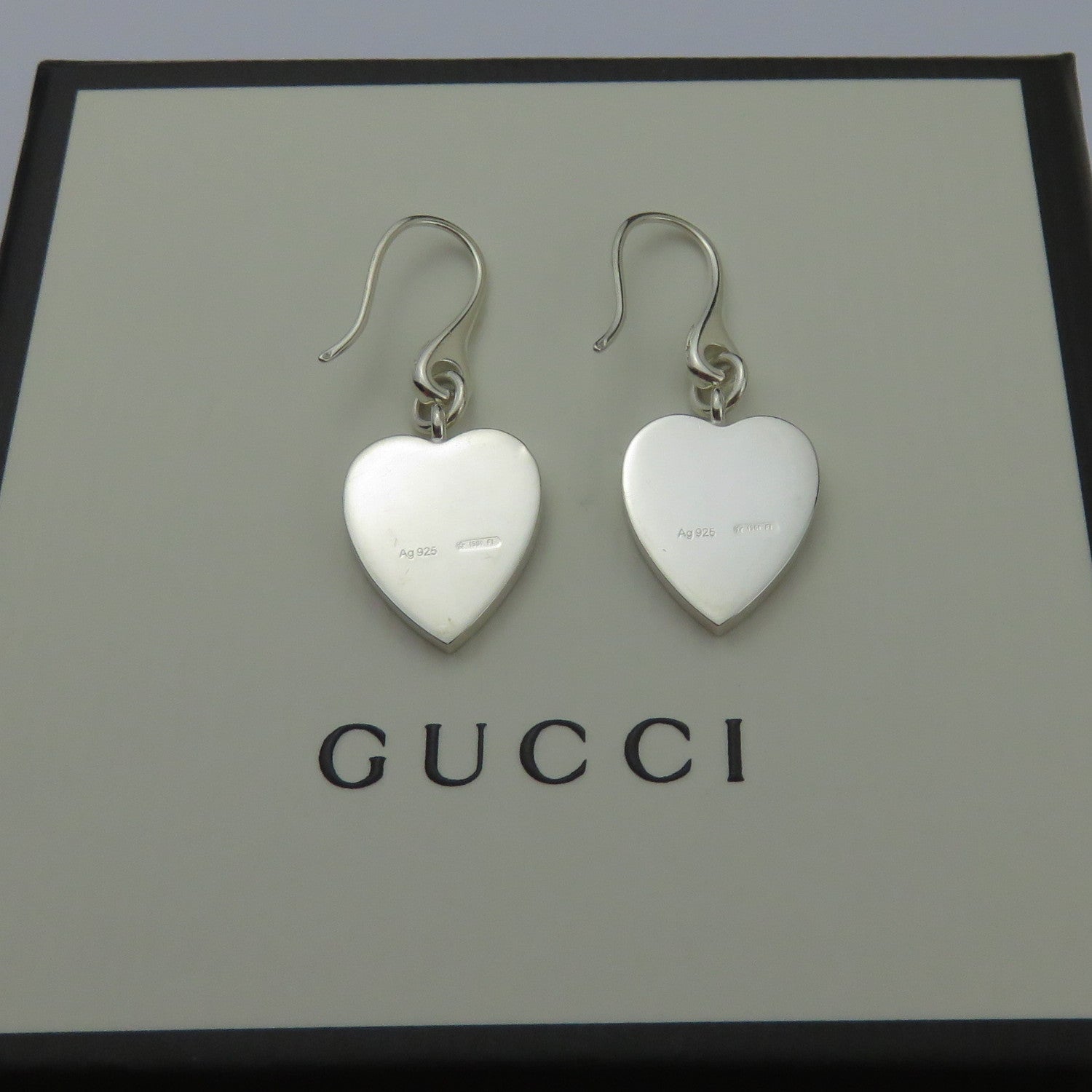 Gucci 925 Sterling Silver Trademark Heart Dangle Earrings with Box Pouch