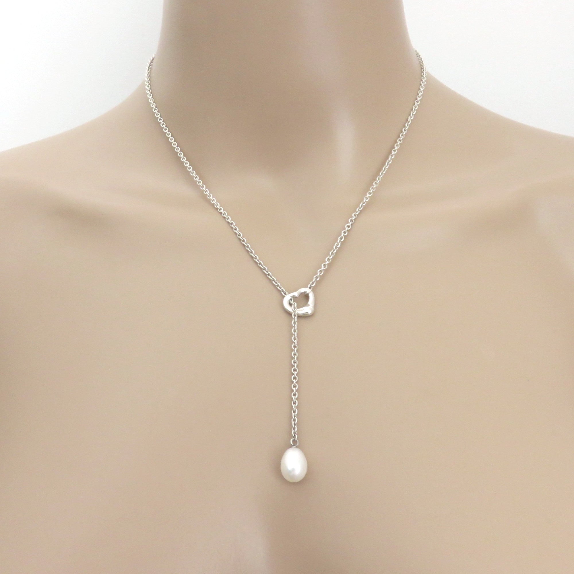 TIFFANY & CO 925 Sterling Silver Open Heart Pearl Lariat Necklace with Box