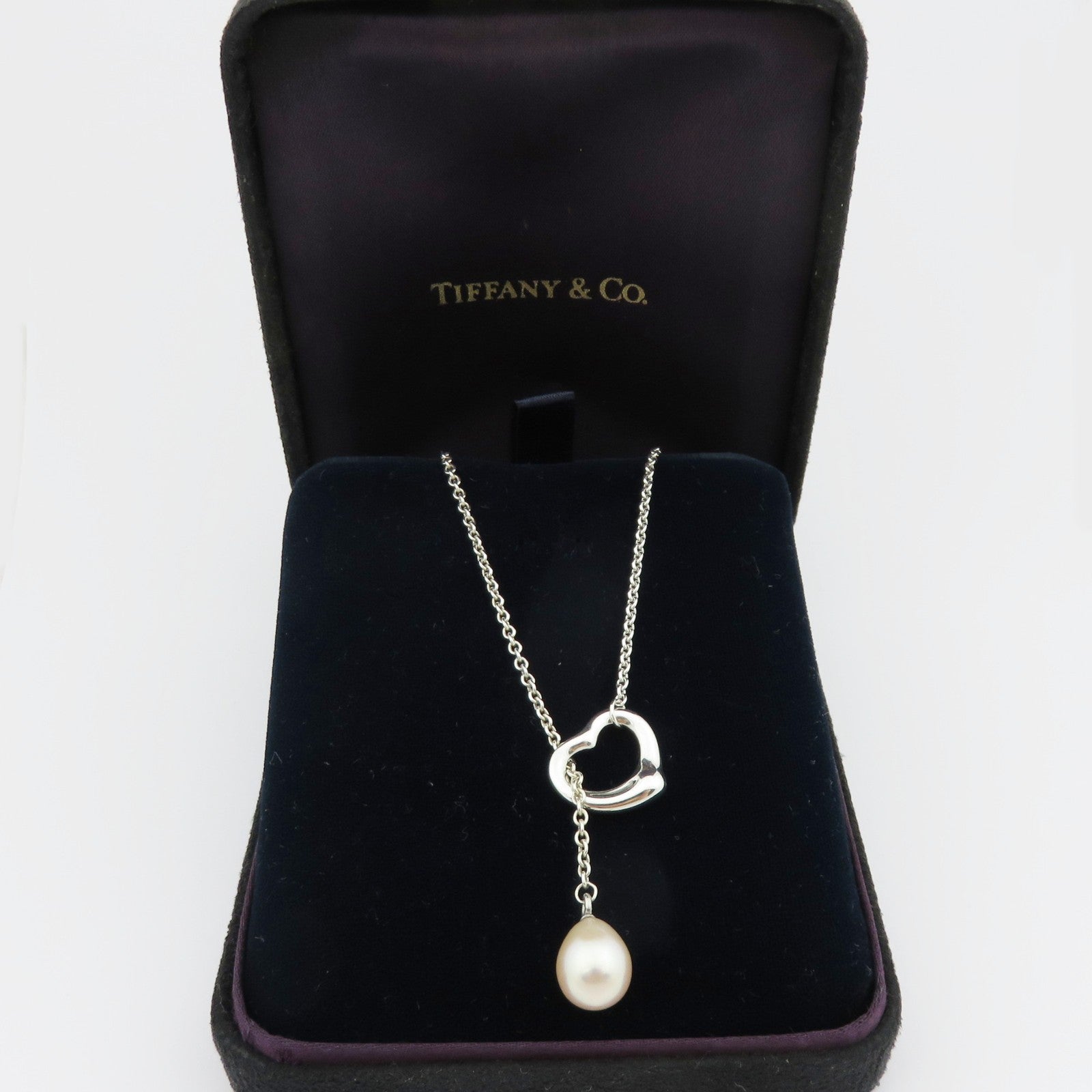 TIFFANY & CO 925 Silver Open Heart 9 mm Pearl Lariat Necklace w/ Jewelry Box