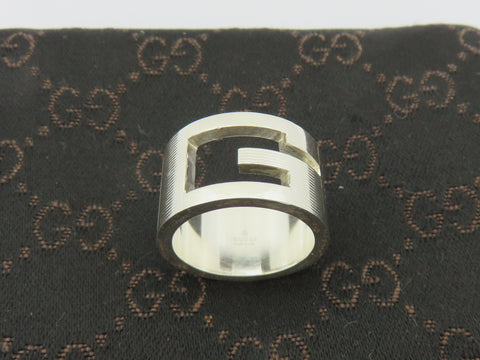 GUCCI Sterling Silver Stencil G Logo Wide Band Ring Size 5.75