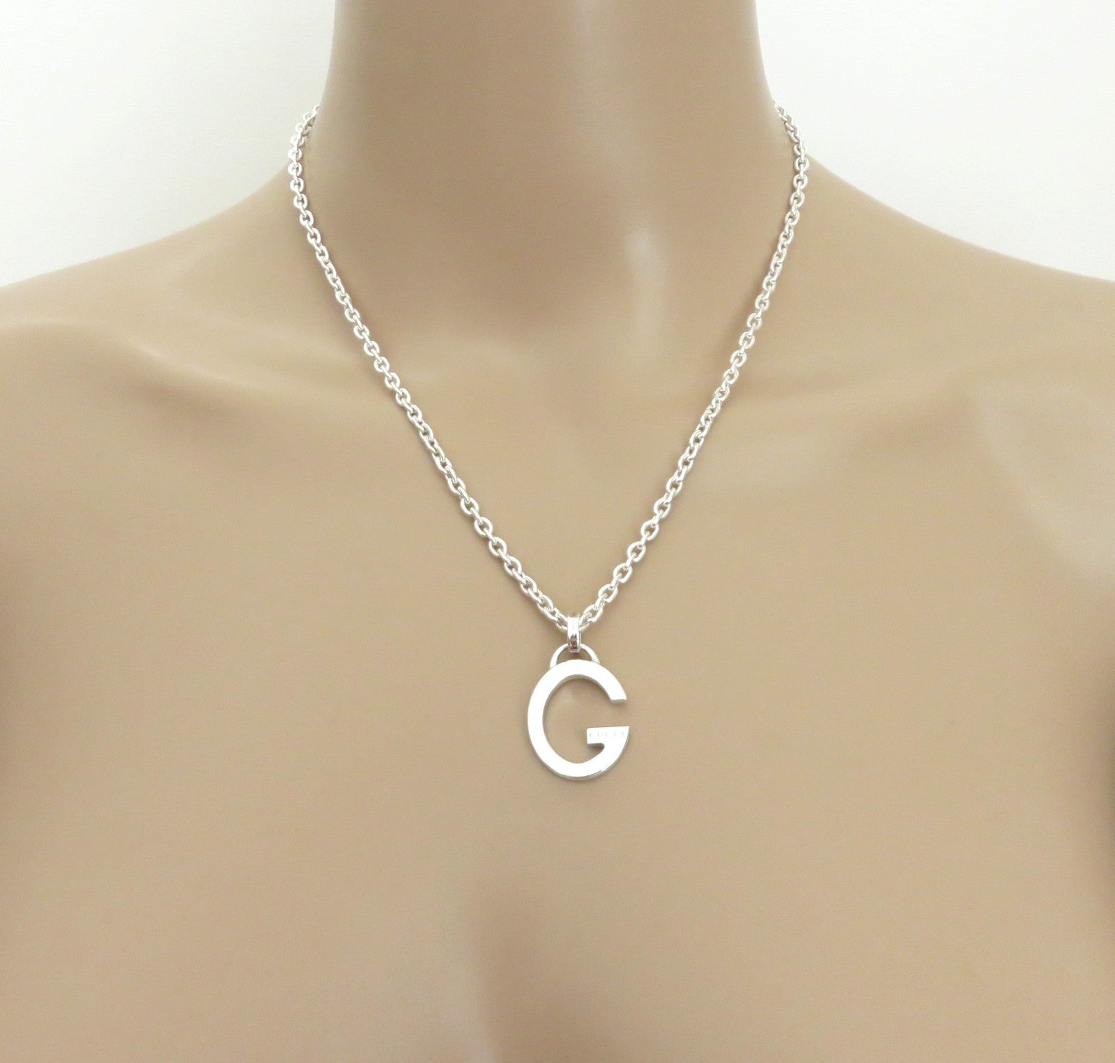 Gucci 925 Silver Oval G Logo Chain Link Unisex Pendant Necklace with Box Pouch