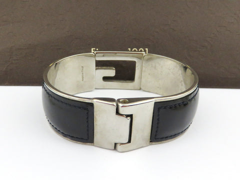 GUCCI Black Leather Silver Tone Metal G Logo Bangle Bracelet