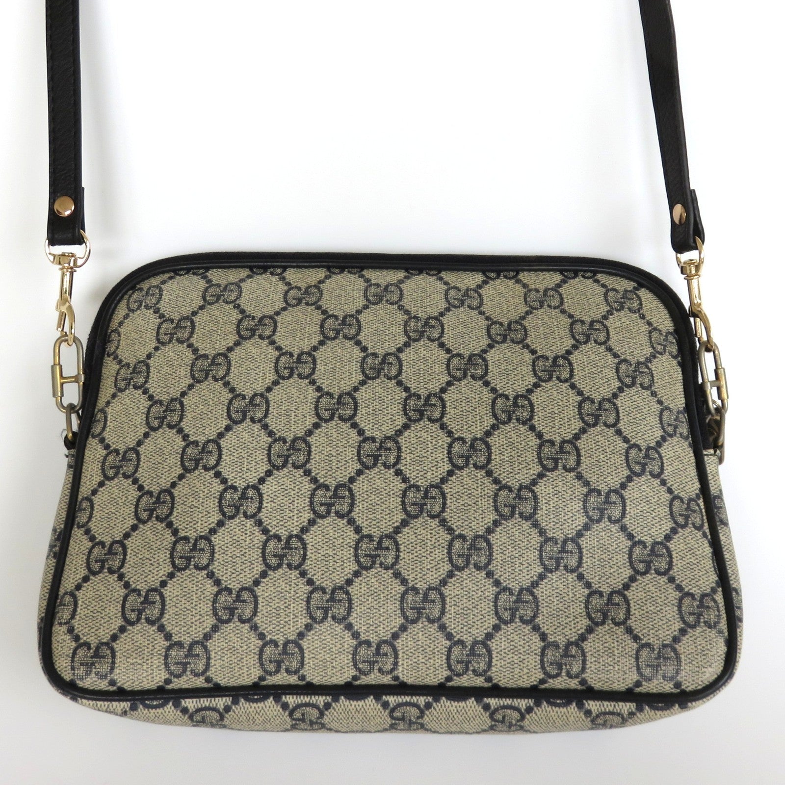 GUCCI Vintage Navy Blue Grey GG Monogram Canvas Leather Cross Body Bag Authentic
