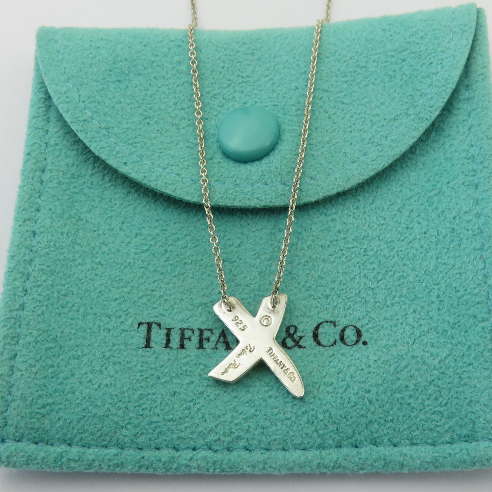 TIFFANY & CO 925 Sterling Silver Kiss X Pendant Necklace with Pouch