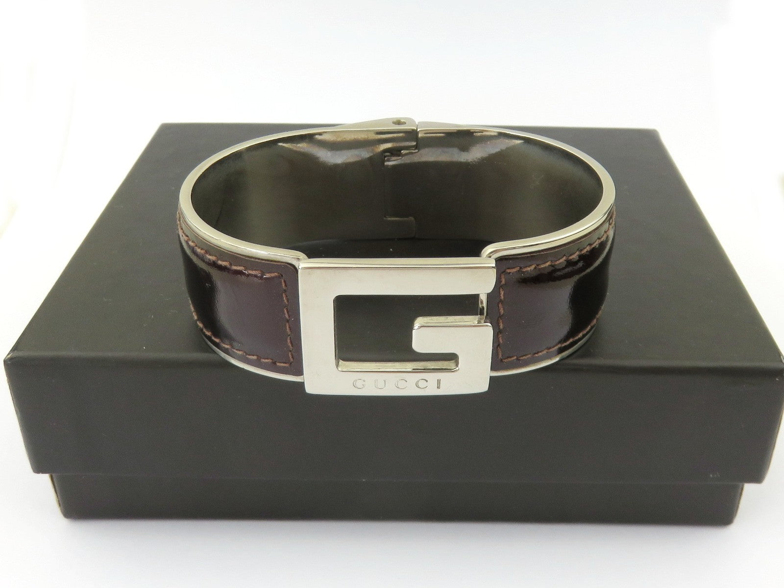 GUCCI Bordeaux Leather Metal G Logo Bangle Bracelet Price Includes US Tariff