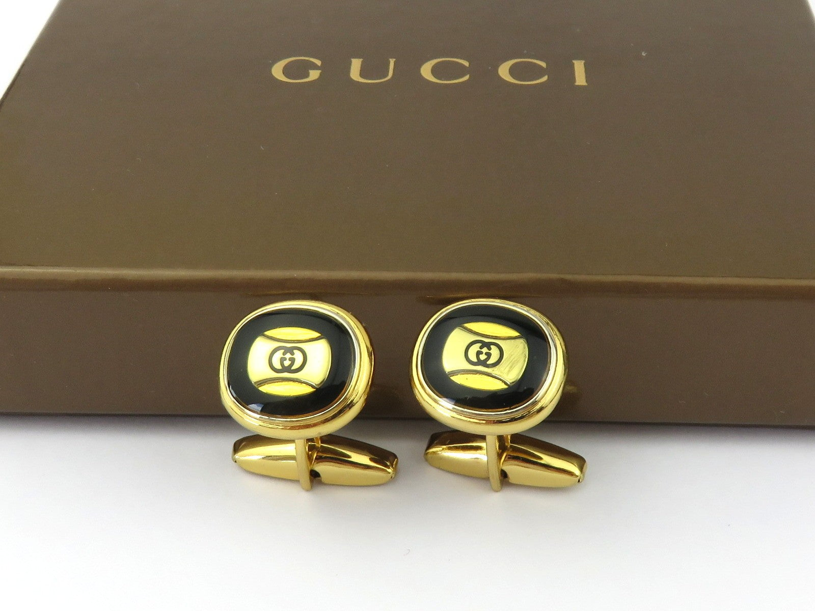 Gucci Gold Tone Metal Black Enamel GG Logo Cufflinks Price Includes US Tariff