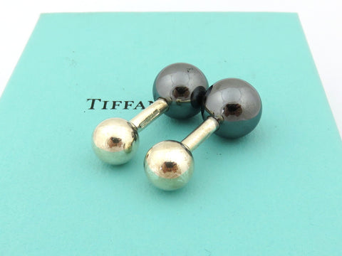 TIFFANY & CO Sterling Silver Black Barbell Ball Cufflinks