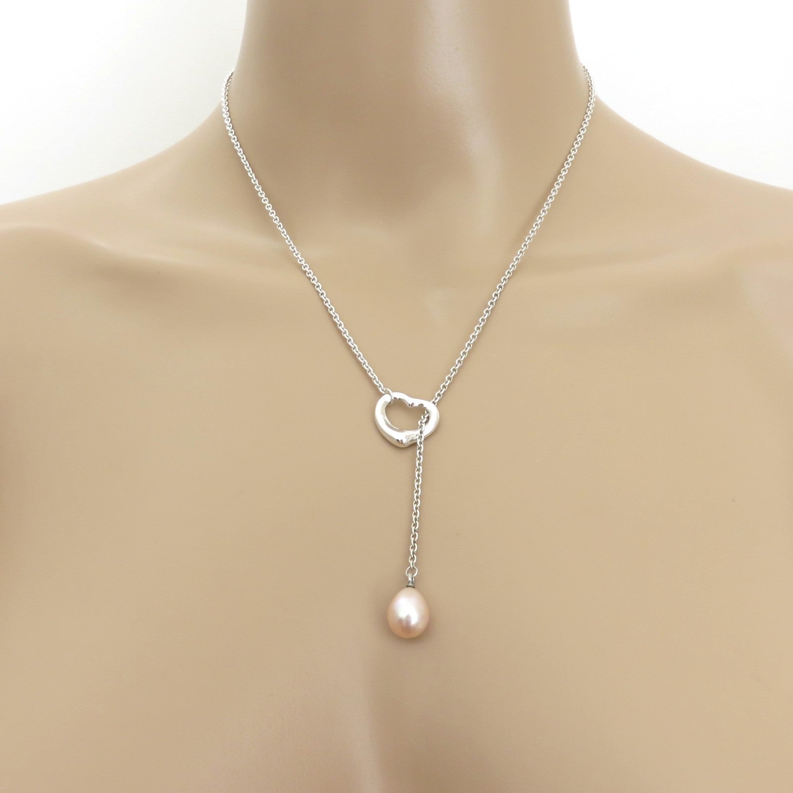TIFFANY & CO 925 Silver Open Heart 9 mm Pearl Lariat Necklace w/ Jewelry Box