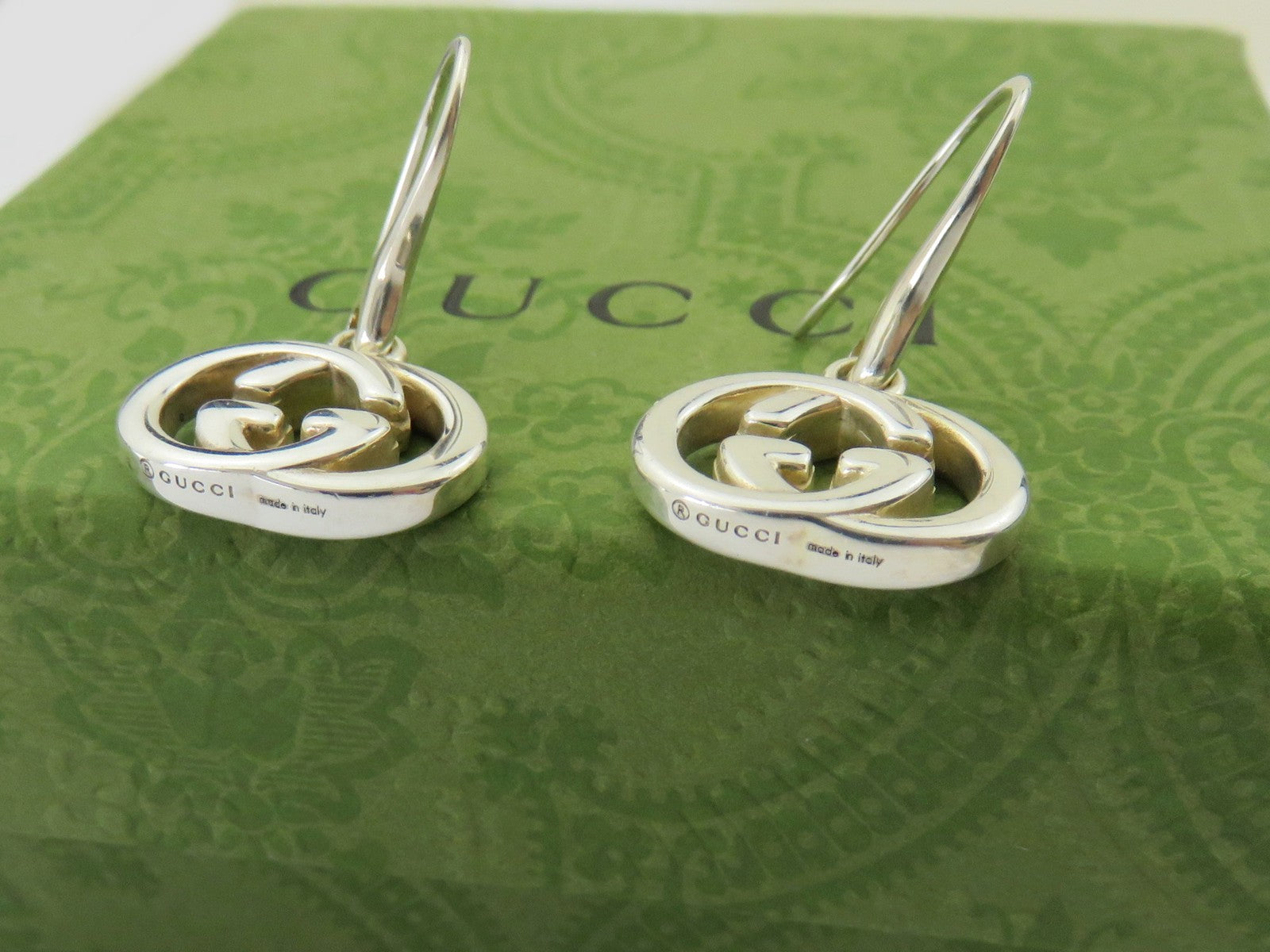 Gucci 925 Sterling Silver Interlocking G Dangle Earrings Authentic with Box