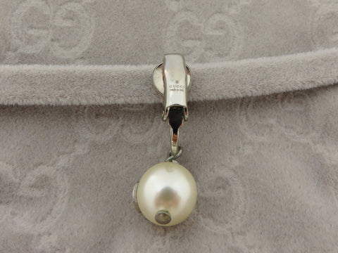 Gucci Silver Tone Metal Crystal Interlocking G Pearl  Dangle Single Stud Earring