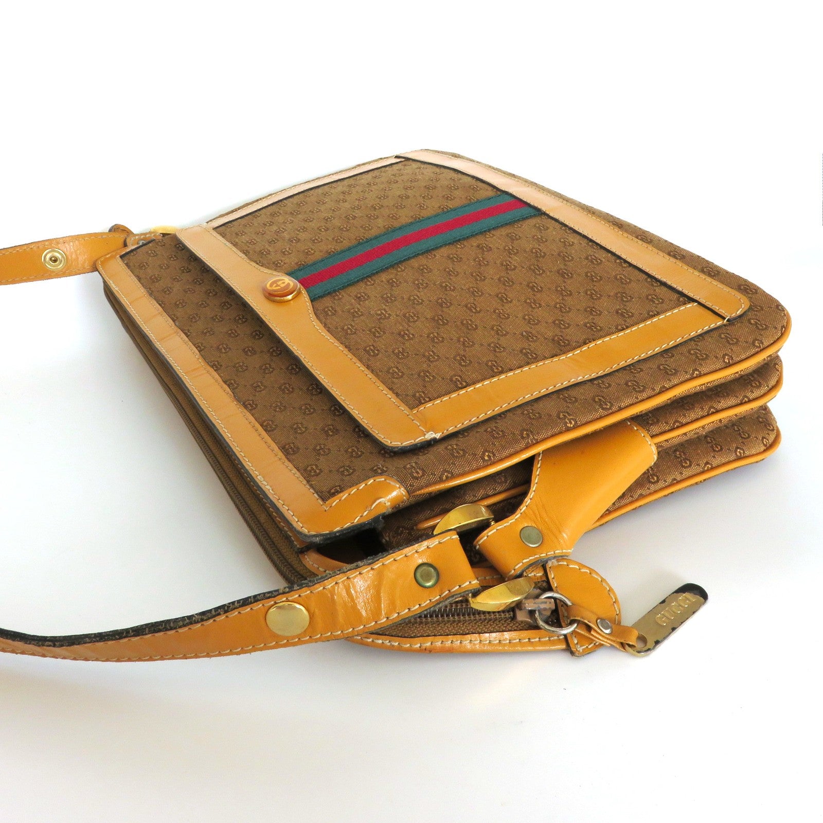 GUCCI Vintage Brown GG Monogram Canvas Leather Unisex Shoulder Bag Authentic