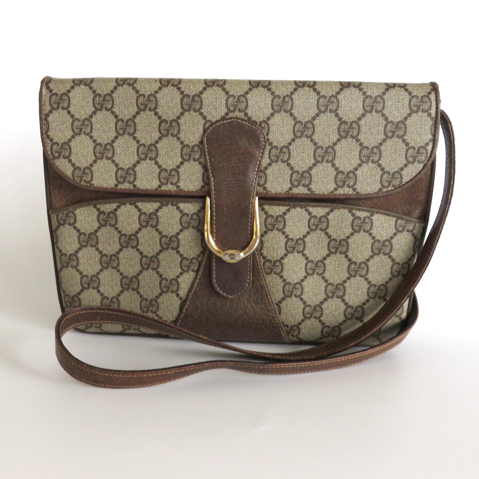 Gucci Vintage Brown GG Monogram Canvas Leather Convertible Shoulder Bag Clutch