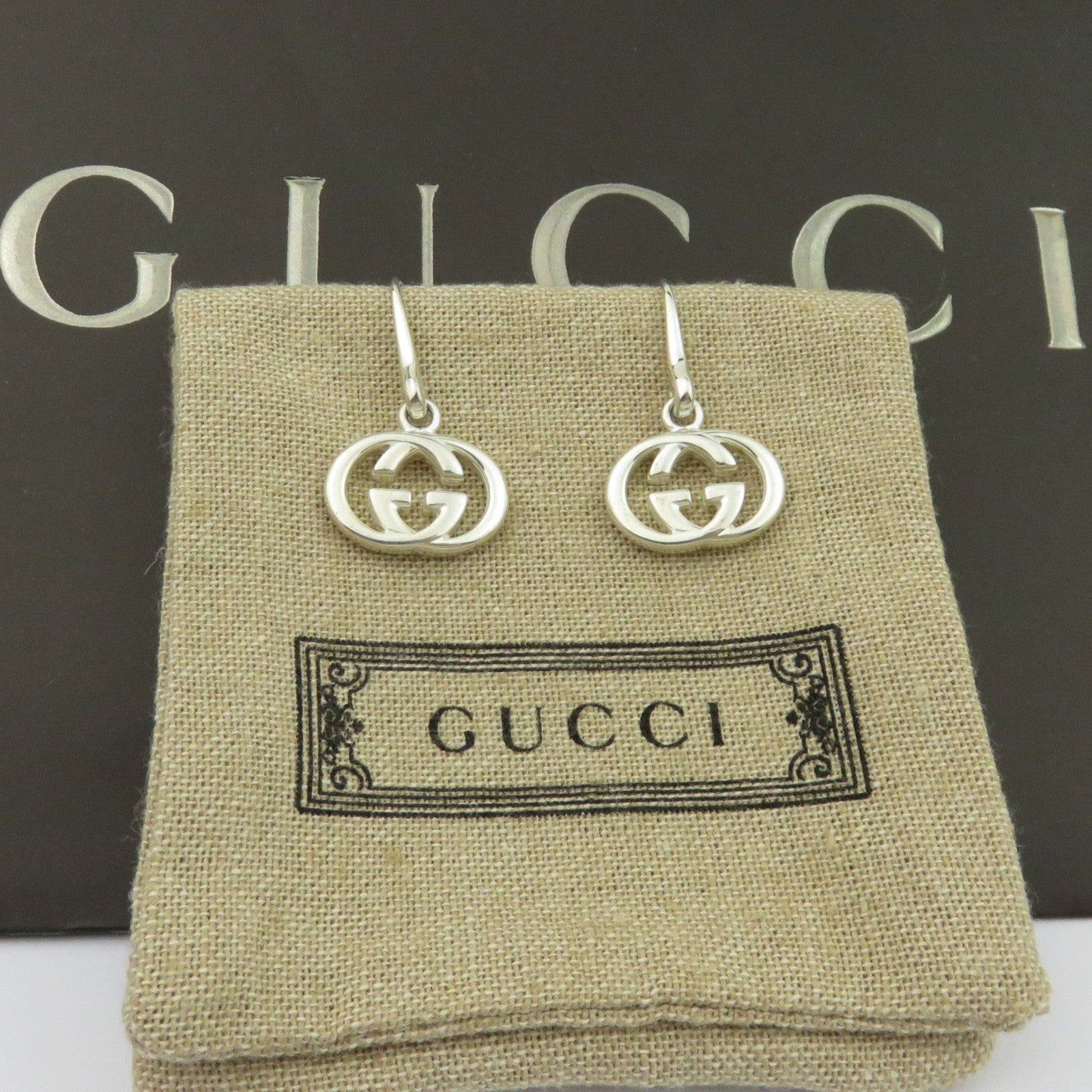 Gucci 925 Sterling Silver Interlocking G Dangle Earrings Authentic w/ Pouch Bag
