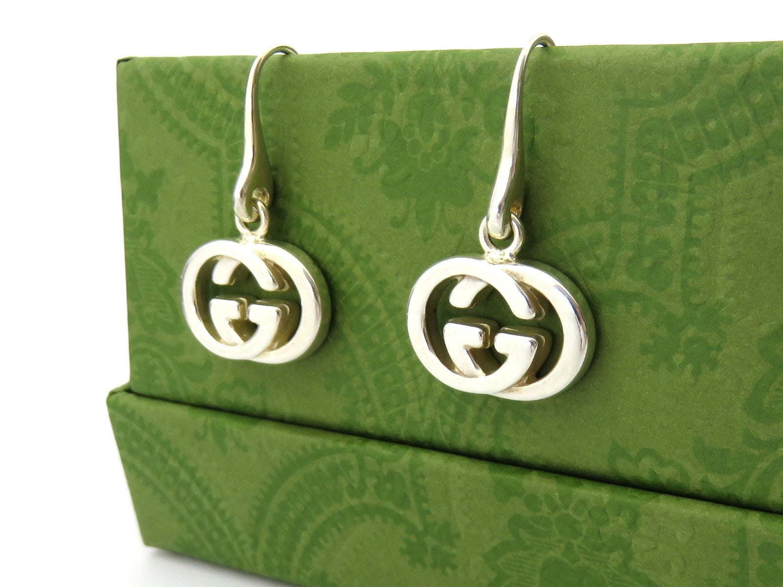 Gucci 925 Sterling Silver Interlocking G Dangle Earrings Authentic with Box