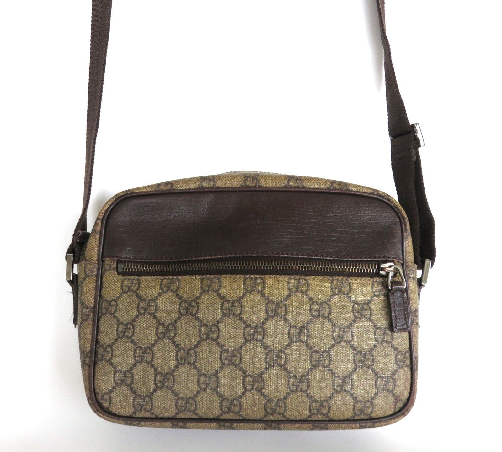 Authentic GUCCI Brown GG Monogram Canvas Leather Unisex Cross Body Bag Purse