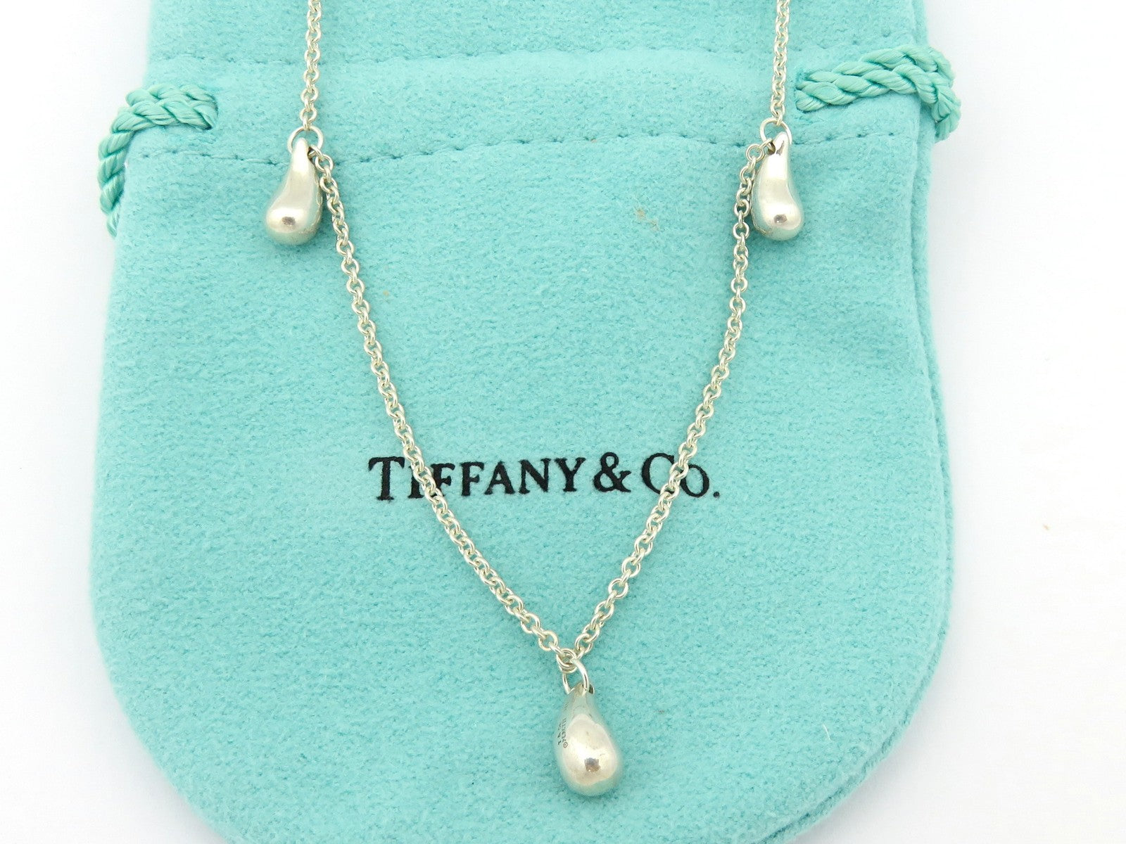 Tiffany & Co 925 Silver Three 3 Teardrop Pendant Necklace Authentic with Pouch