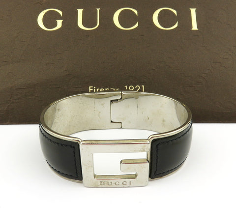 GUCCI Black Leather Silver Tone Metal G Logo Bangle Bracelet