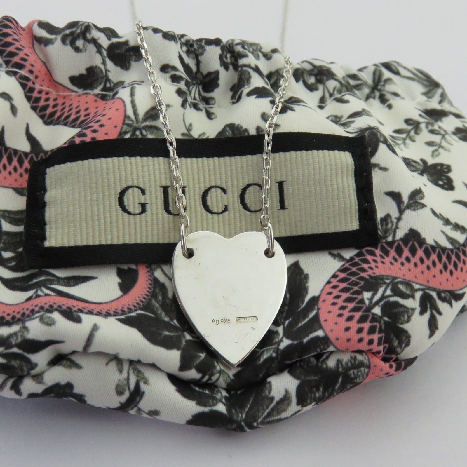 Gucci 925 Sterling Silver Trademark Heart Pendant Necklace Authentic with Pouch