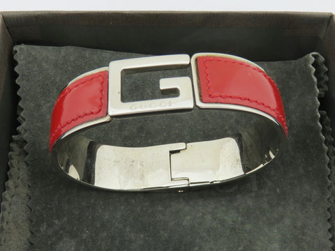 GUCCI Red Leather Metal G Logo Bangle Bracelet
