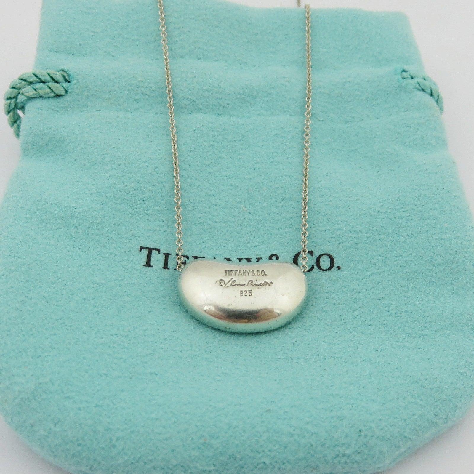 TIFFANY & CO 925 Sterling Silver Large Bean Pendant Necklace Authentic w/ Pouch