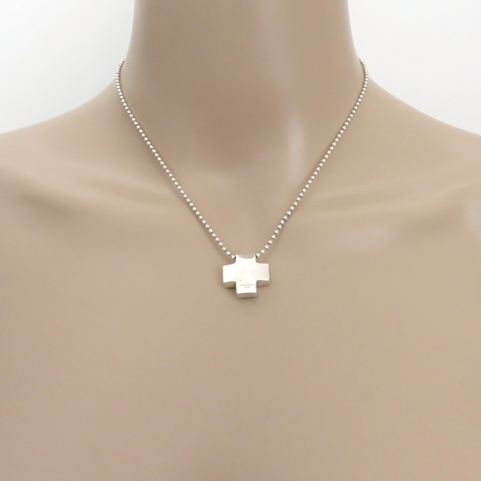 TIFFANY & CO 925 Sterling Silver Cross Bead Chain Pendant Necklace