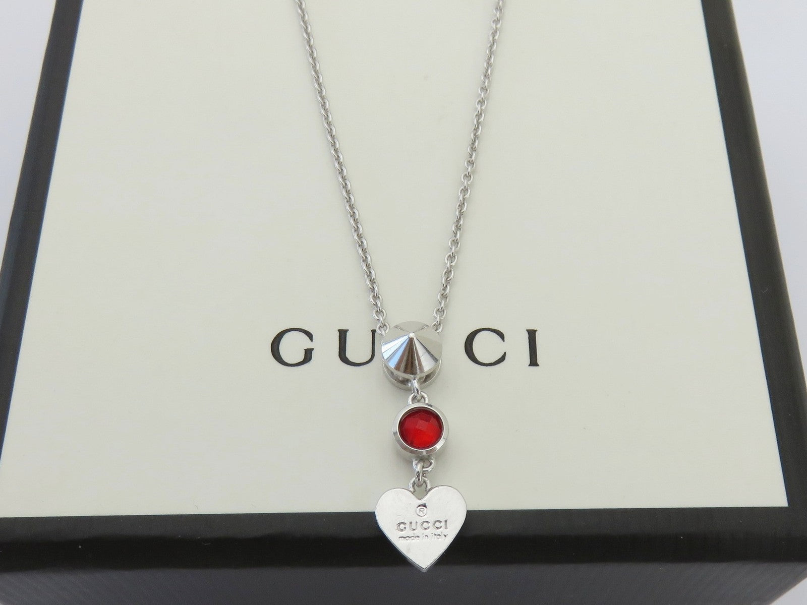 Gucci Sterling Silver Heart Tag Red Stone Pendant Price Includes US Tariff