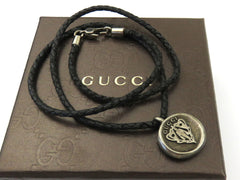 Gucci Sterling Silver Woven Black Leather with Crest Tag Pendant Necklace