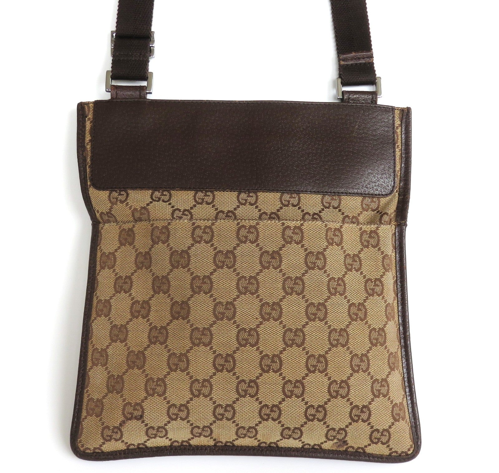 Authentic GUCCI Brown GG Monogram Canvas Leather Unisex Cross Body Bag Purse