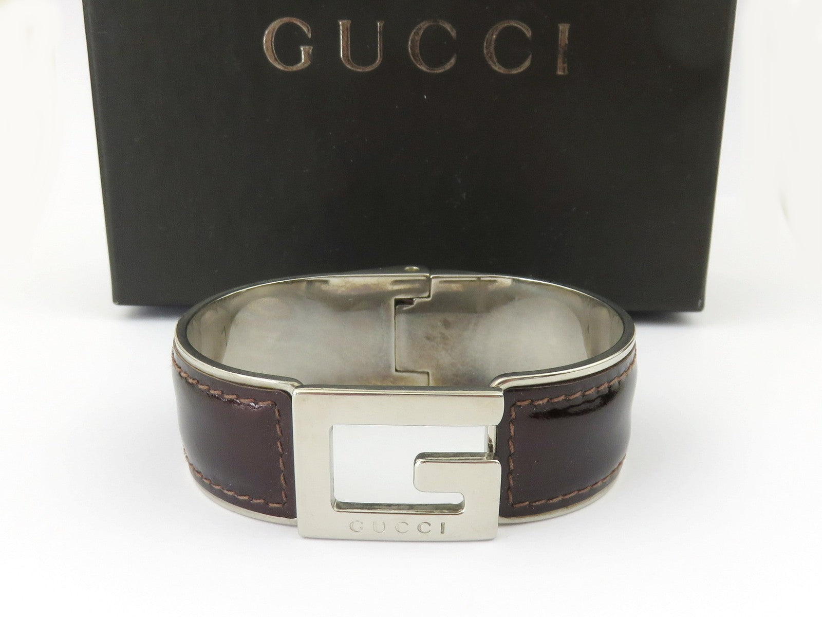 GUCCI Bordeaux Leather Metal G Logo Bangle Bracelet Price Includes US Tariff